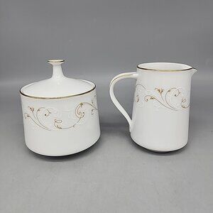 Noritake Duetto Pattern 6610 Creamer & Sugar Set White Gold Swirl Porcelain